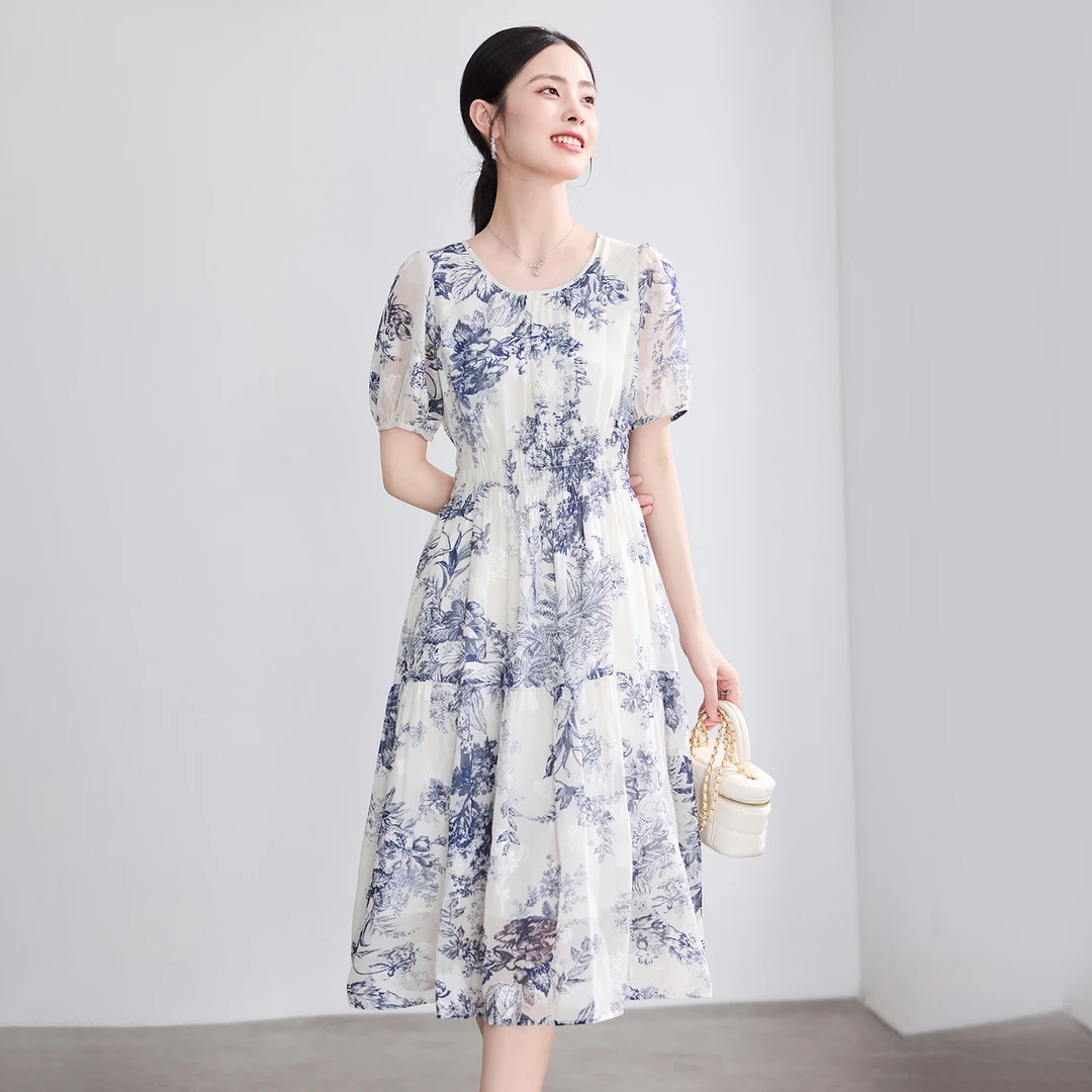 轻奢夏季轻熟水墨风连衣裙优雅女士女装收腰印花60281