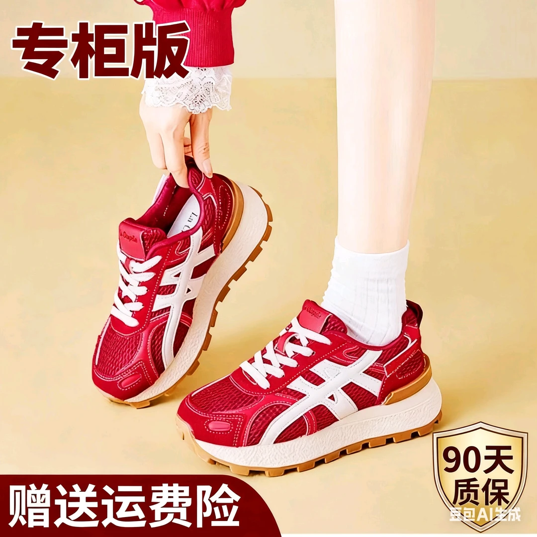 秋季软底皮网拼接运动鞋轻弹软时尚休闲鞋透气十足鞋低帮复古女鞋