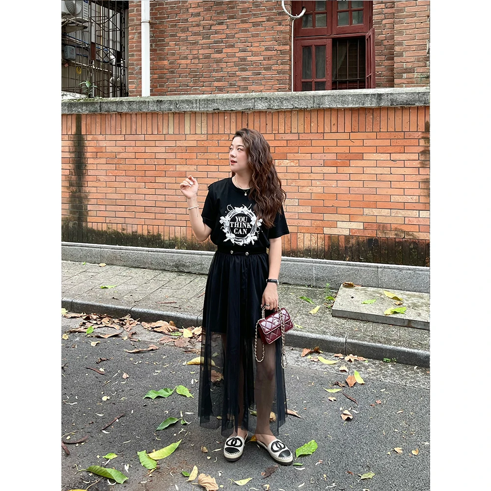 WenWen小个子网纱裙叠穿黑色t恤连衣裙2025新款穿搭两件套装3985