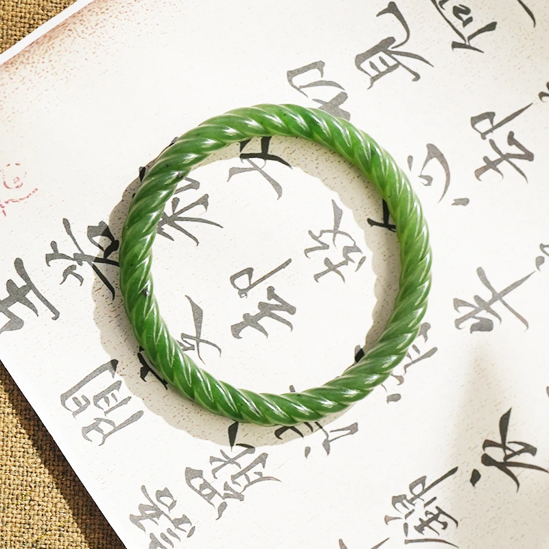 新疆和田玉碧玉螺纹手镯菠菜绿俄碧手镯绿色复古正宗和田玉手镯