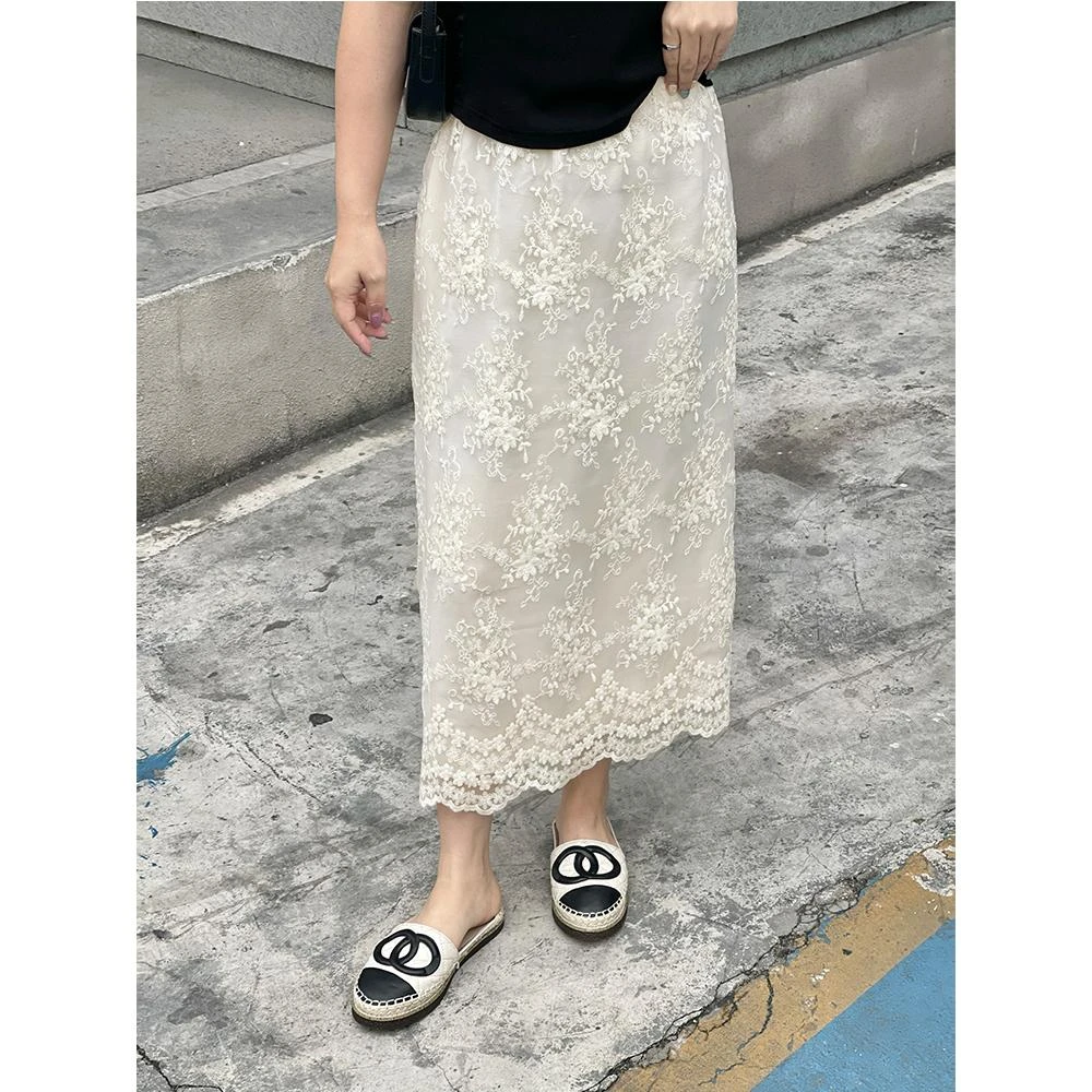 夏季女装蕾丝半身裙韩版高腰显瘦百搭韩版温柔长裙开叉A字裙