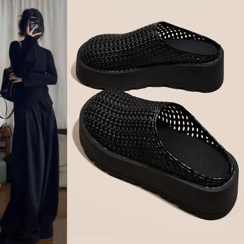 厚底包头半拖鞋女2025夏季新款外穿舒适透气镂空编织配裙子凉拖鞋