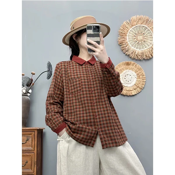 春季新款棉纱色织格纹拼色领衬衫百搭休闲衬衣