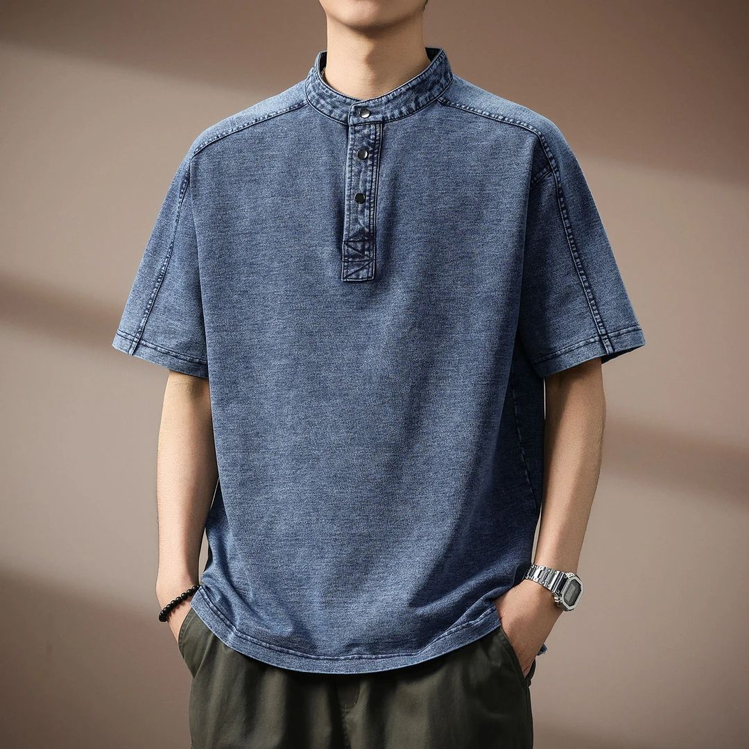 贵色美式复古潮牌蓝色牛仔Polo衫男短袖夏季重磅t恤宽松大码上衣