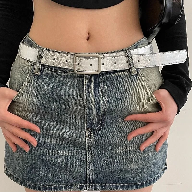 银色小众复古做旧皮带真百搭太妹文化辣妹装饰皮腰带女2025新款潮