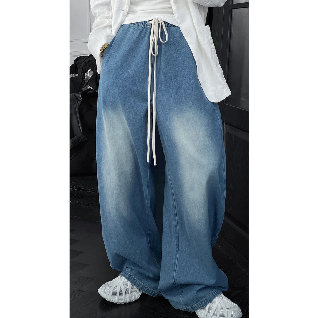 龙叨叨美式复古抽绳牛仔裤男春夏新款百搭宽松直筒休闲裤子长裤潮