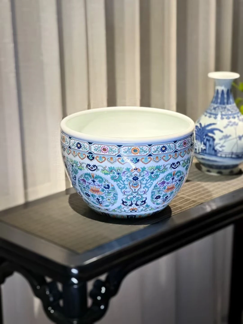 【九鸣·涂杏花】 青花斗彩   团花卷轴缸   景德镇高端茶具