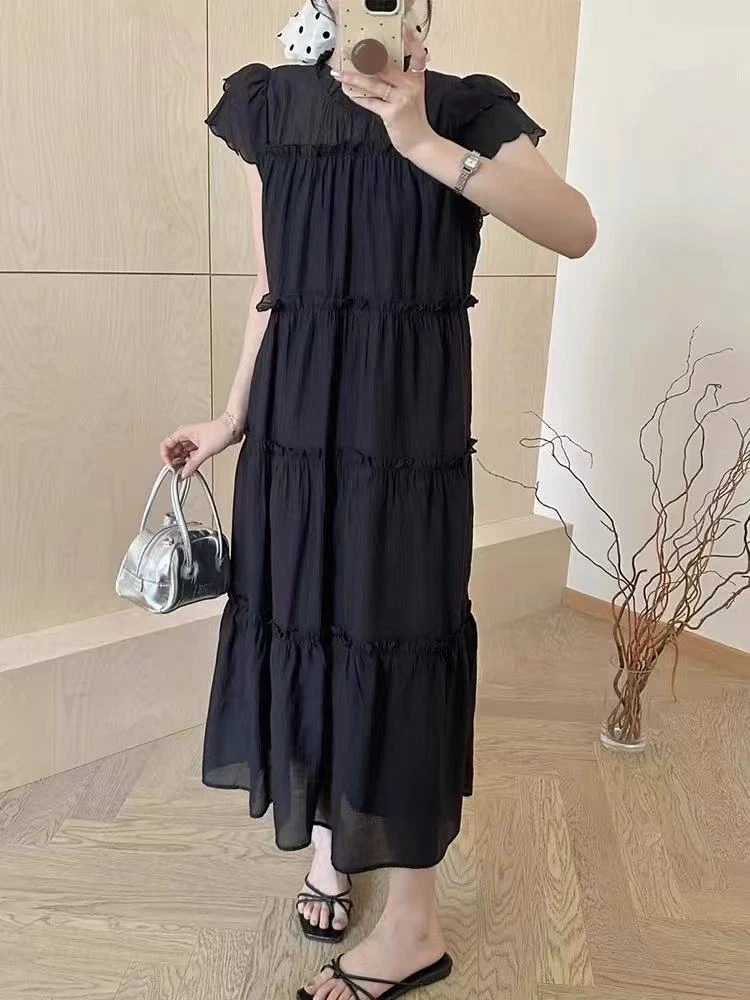 法式小飞袖木耳边连衣裙夏季新款系带气质高级感仙女长裙-583