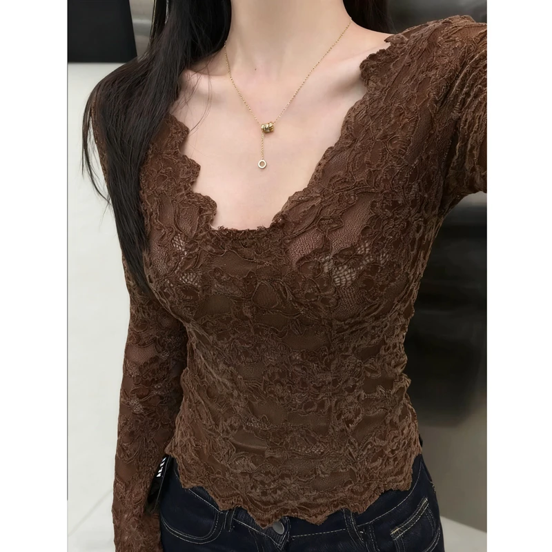 纯欲V领蕾丝长袖T恤女秋冬2025新款内搭打底衫韩系chic别致小上衣