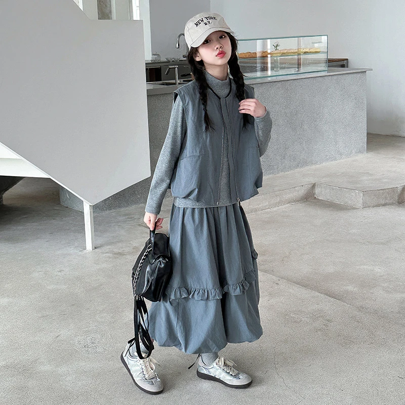 秋季女童高级穿搭一整套2025新款中大童简约马甲内搭花苞裙三件套