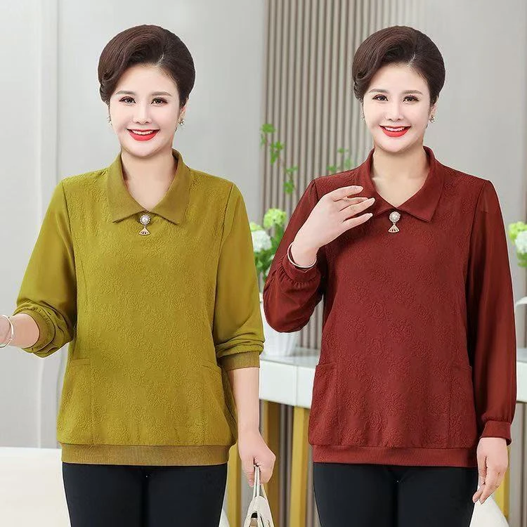 90-230斤胖妈妈春秋款翻领洋气百搭上衣中老年显瘦减龄口袋小衫