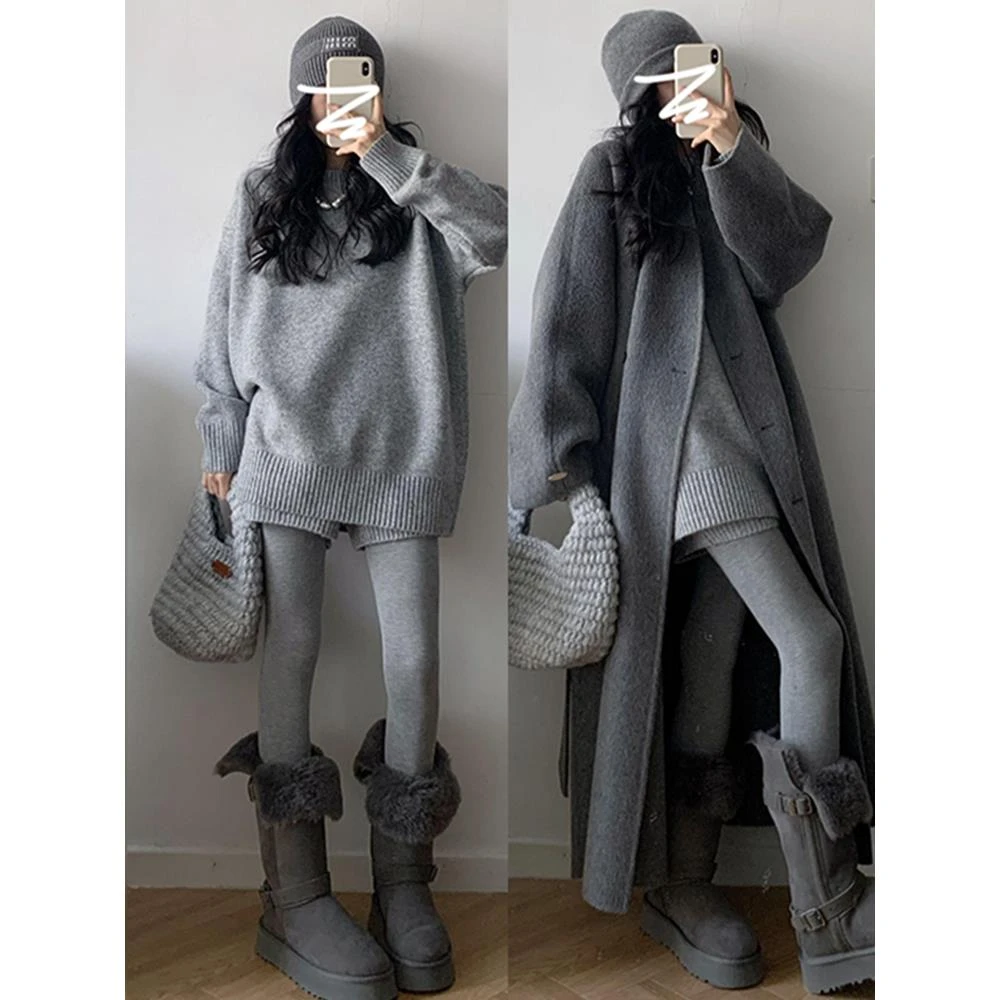 异径灰色毛衣针织连衣裙子女秋冬季2025新款早初秋感大衣内搭套装