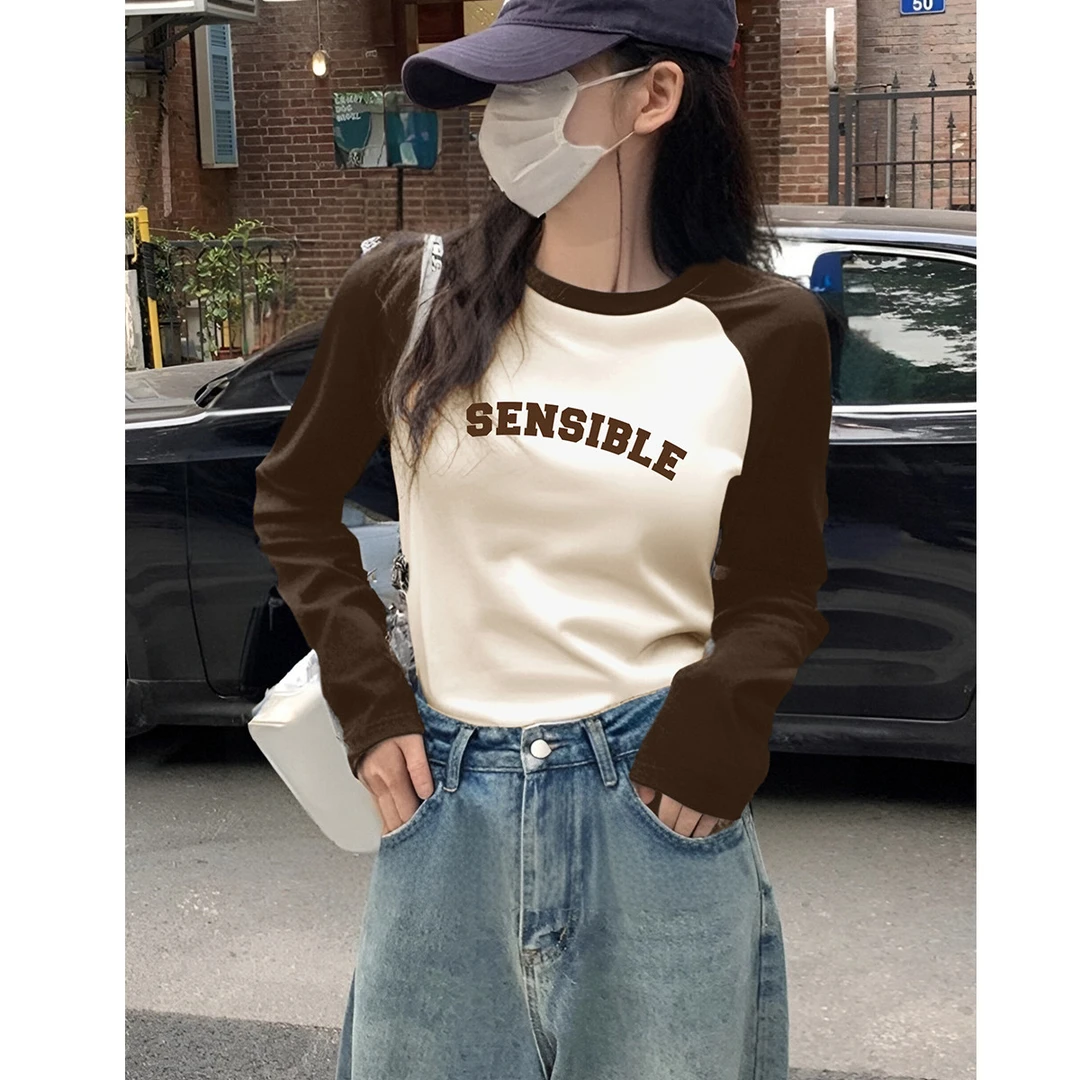 DT111 唐狮春季女前胸文字修身撞色长袖T恤打底衫韩版