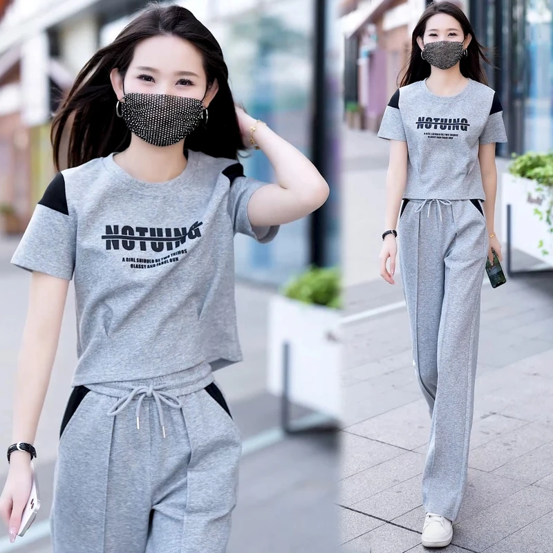 大码时尚套装2025夏季新款时尚洋气减龄圆领短袖直筒裤休闲两件套