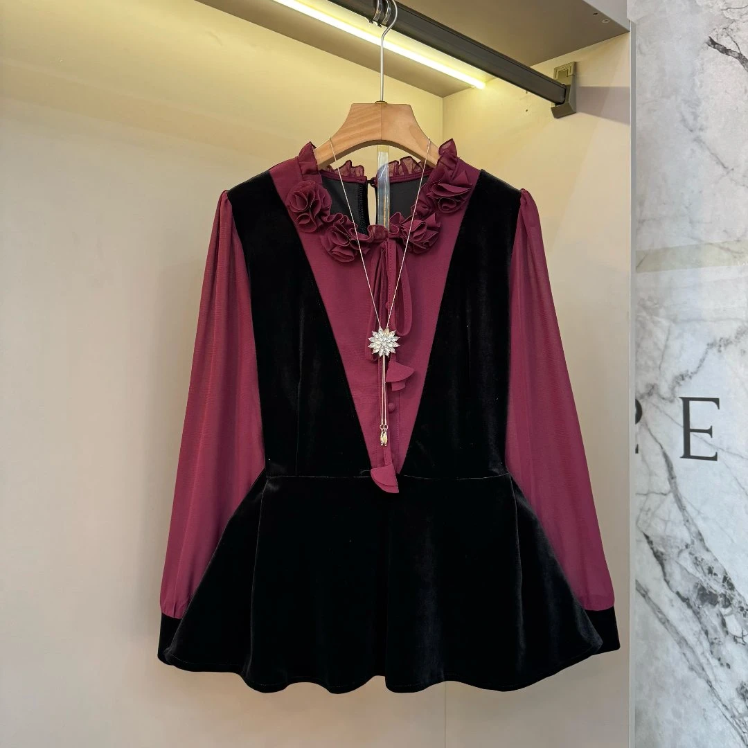 2025秋季新款收腰立体装饰高级感时尚宽松显瘦丝绒长袖上衣9350