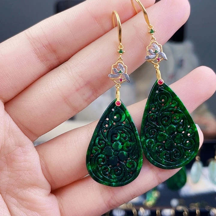 翡翠耳饰银S925镶嵌饰品