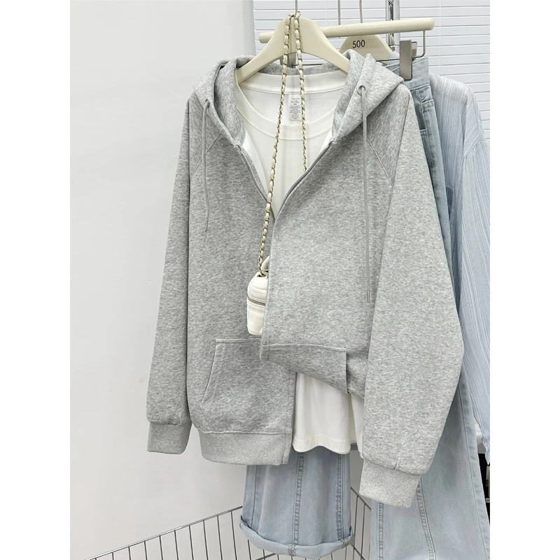 开衫连帽卫衣女秋季2025年新款韩版慵懒风宽松大码中长款拉链外套