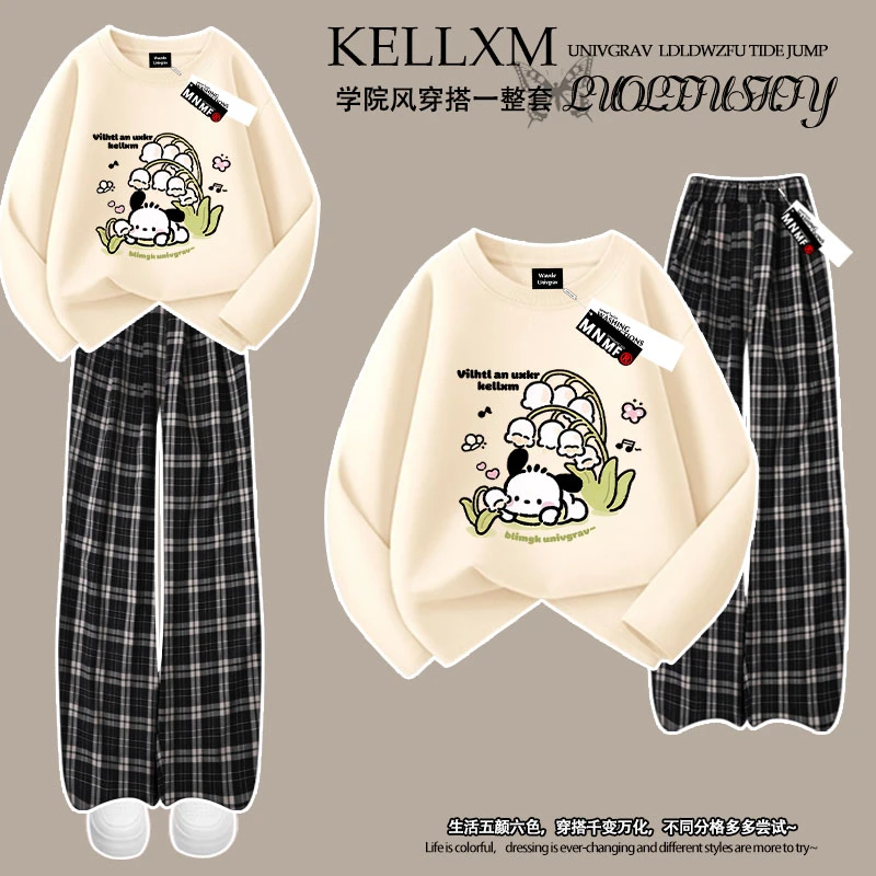 春秋新款女童纯棉长袖t恤格子裤套装卡通帕恰狗印花中大童两件套