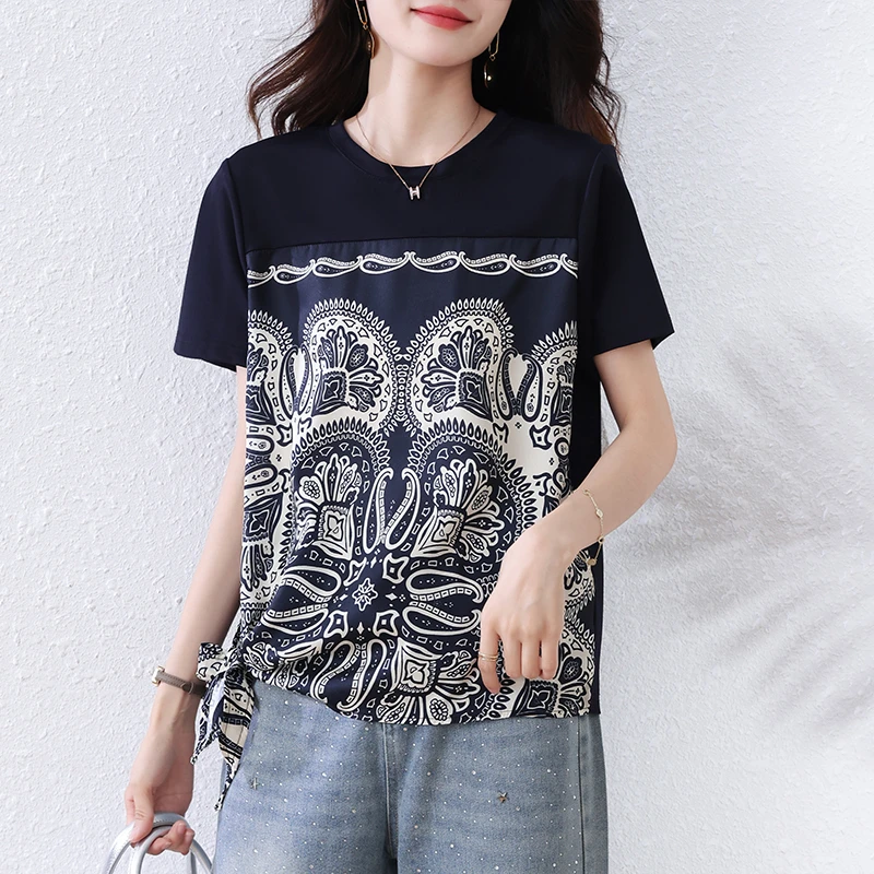 大印花拼接单侧腰小开叉系带设计2025夏季休闲短袖T恤女洋气小衫
