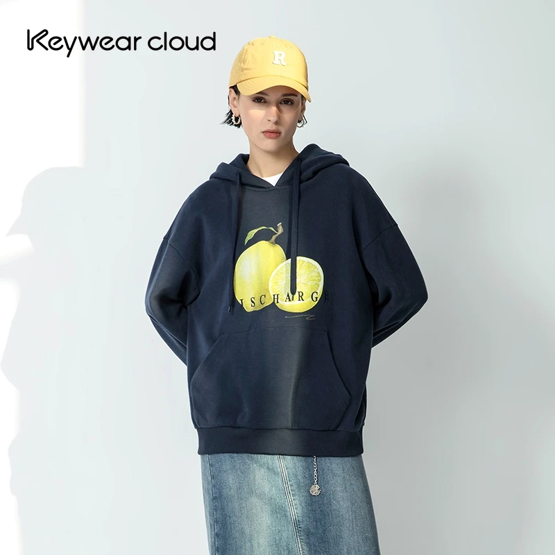 Keywearcloud奇威秋季柠檬图案连帽上衣活力百搭卫衣