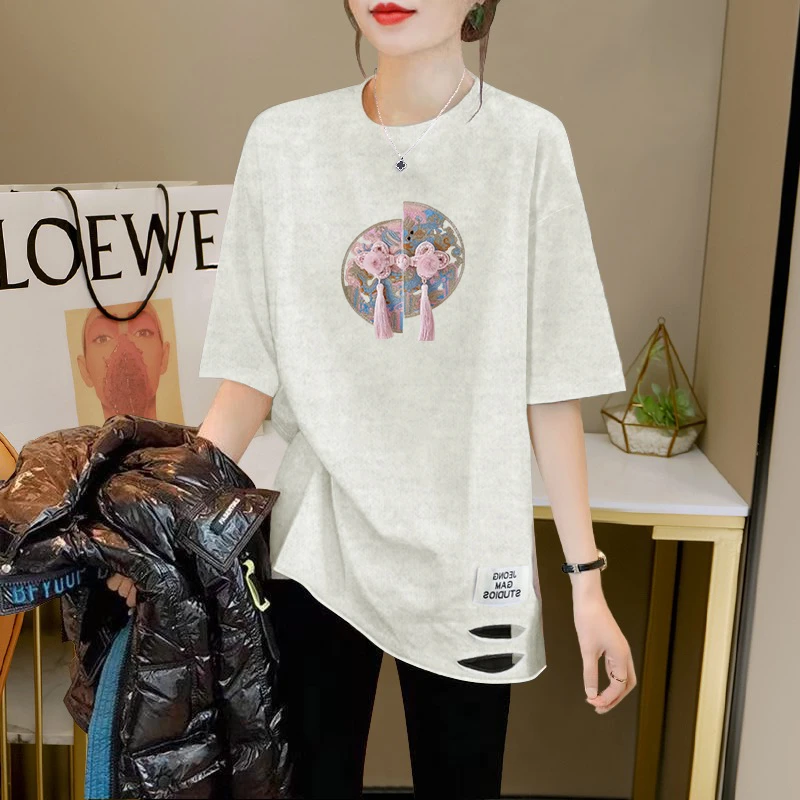 百搭圆领套头上衣中长款小众设计破洞下摆T恤夏季新款时尚短袖女