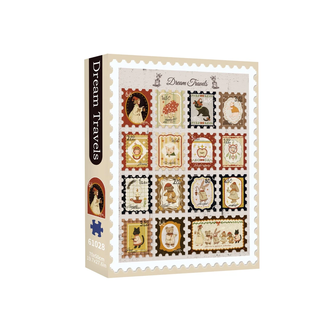 TKX梦游记1000片拼图丝绒工艺4分包袋文艺风萌宠邮票风格蓝卡直播