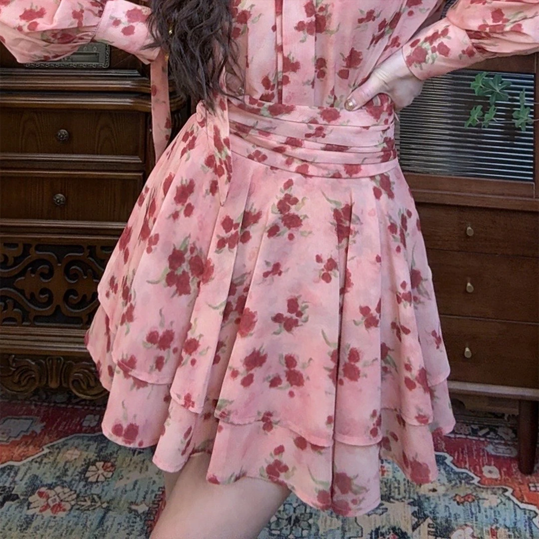 【十一港风】法式浪漫玫瑰印花气质短裙B1124