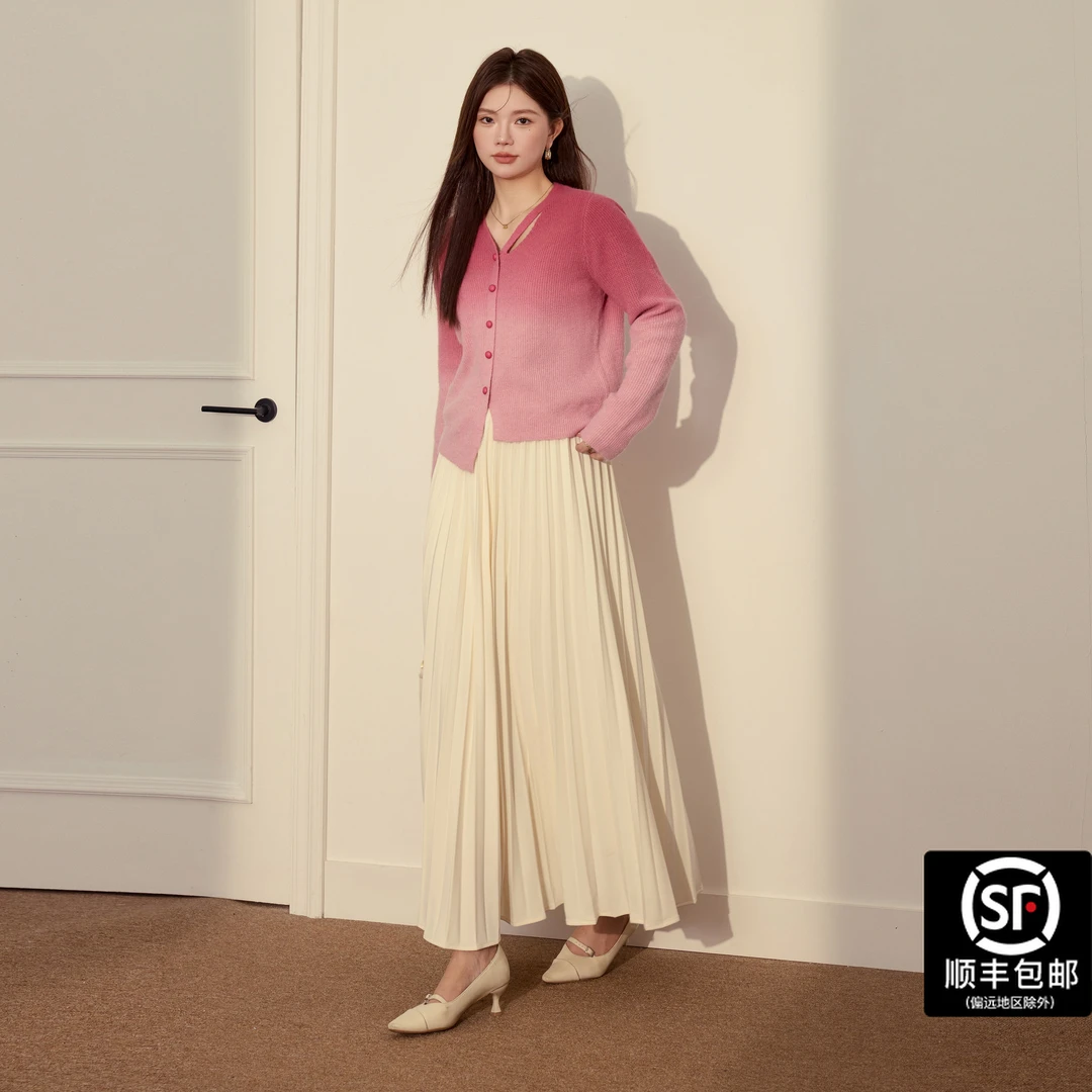 蓝语大码女装胖mm法式渐变色针织毛衣百褶半身裙套装2025秋冬套装