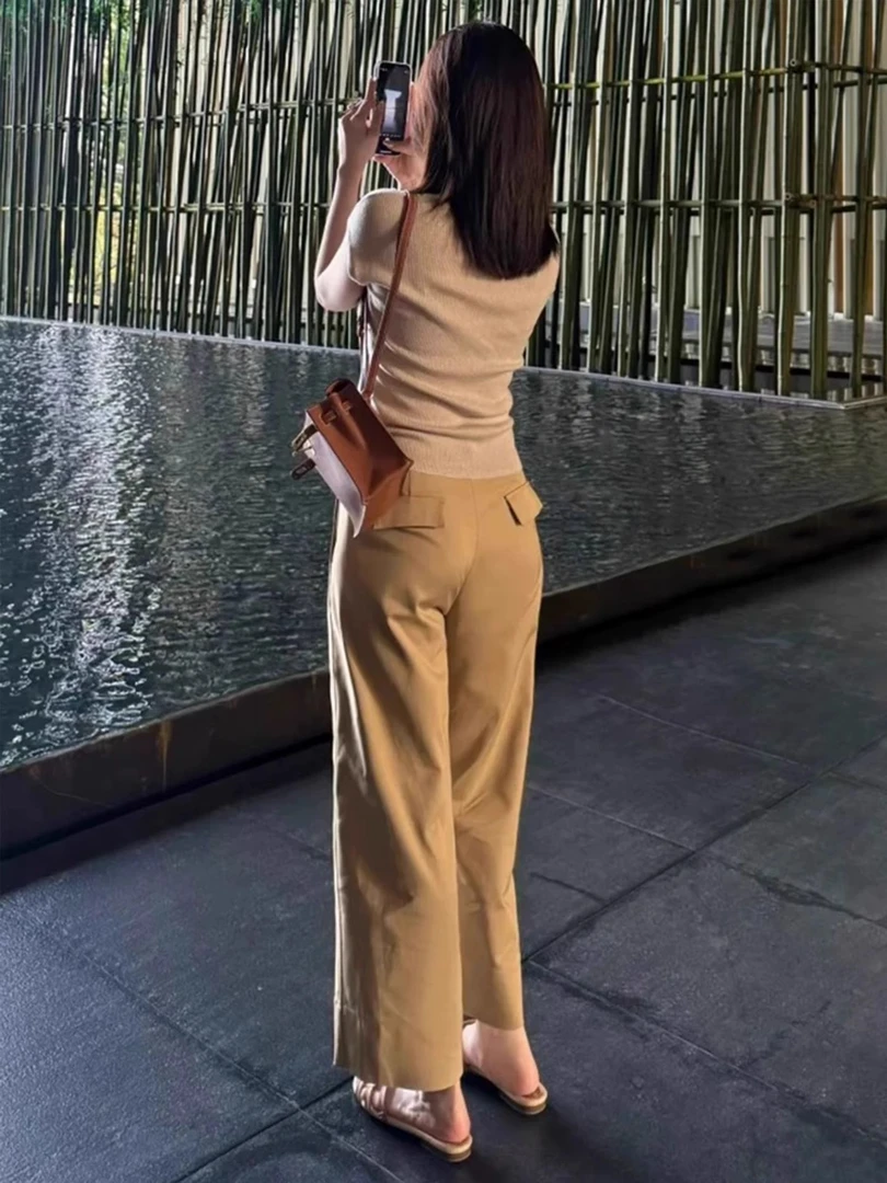卡其色直筒西装裤女九分裤夏季新款薄高腰显瘦梨型身材阔腿工装裤