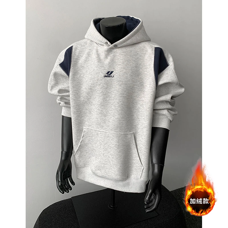 连帽拼接长袖美式刺绣连帽卫衣加绒加厚ins潮流宽松男士宽松上衣