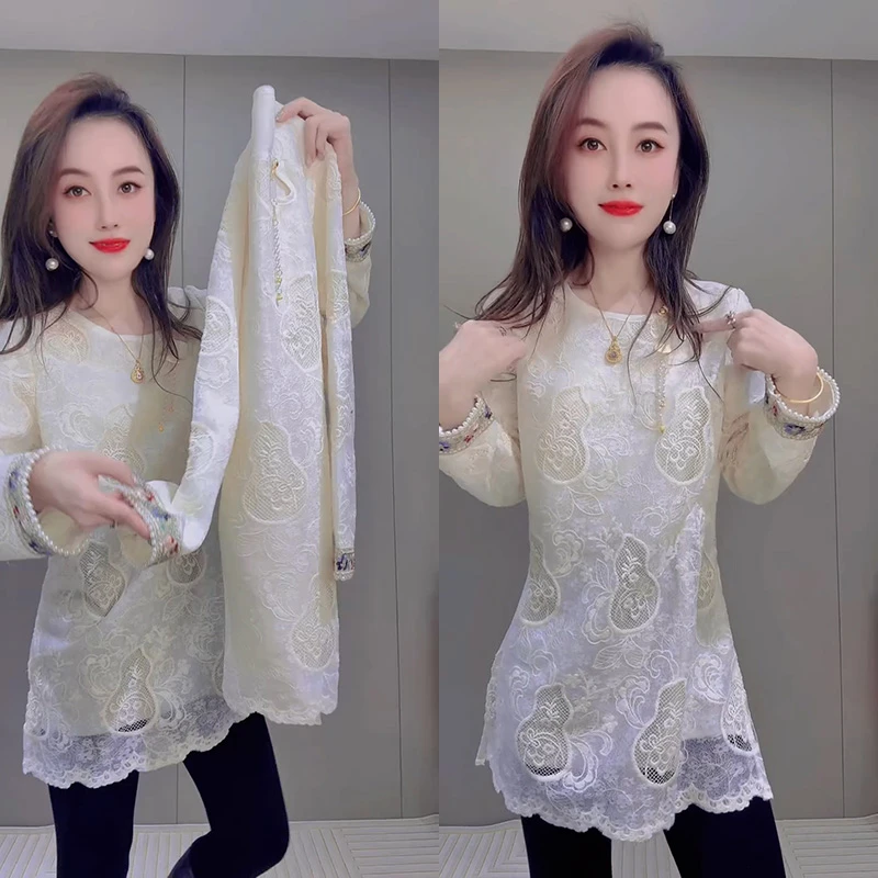 国风时尚百搭宽松显瘦蕾丝女中长款秋冬新款圆领上衣  立即使用