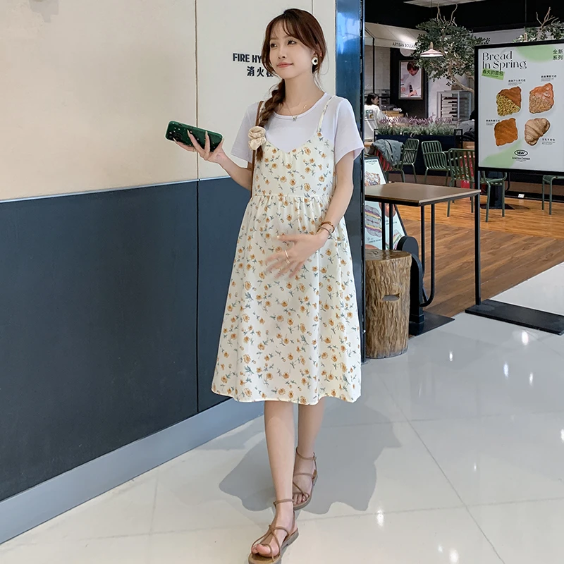 明星同款连衣裙夏装雪纺碎花吊带裙假两件韩版棉织时尚小个子裙子