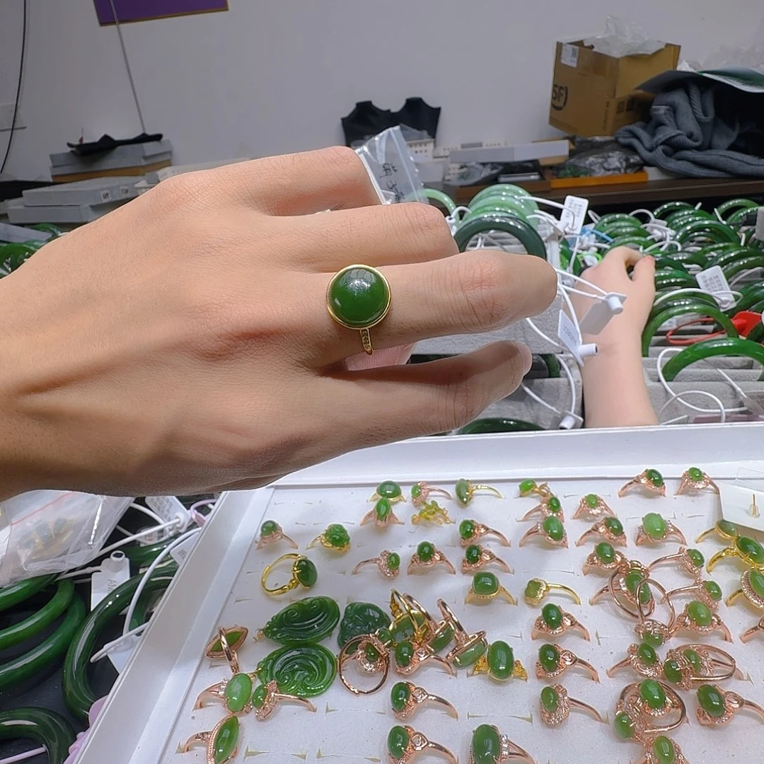 和田玉（碧玉）银S925镀金镶嵌戒指