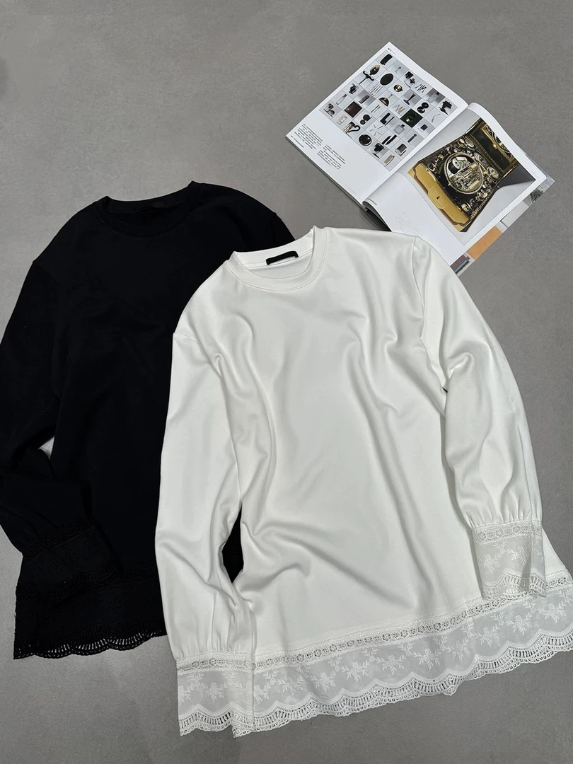 蕾丝勾花刺绣拼接白色圆领T内搭打底衫