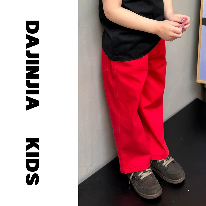 大金定制夏季韩范儿多巴胺红色百搭直筒宽松裤男女童夏季防蚊裤