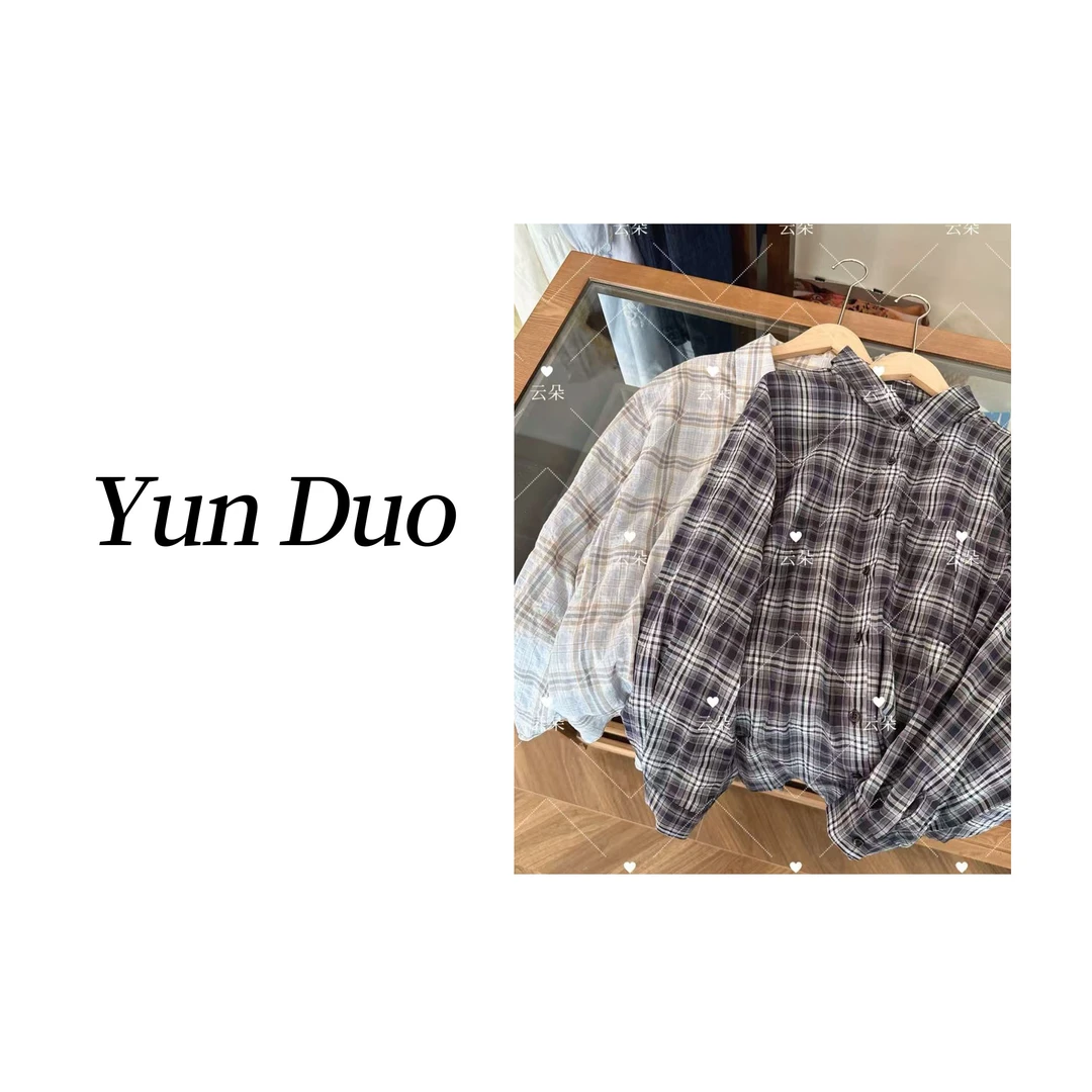 云朵定制【经纬诗】韩版对格衬衫薄款翻领长袖衫LC84