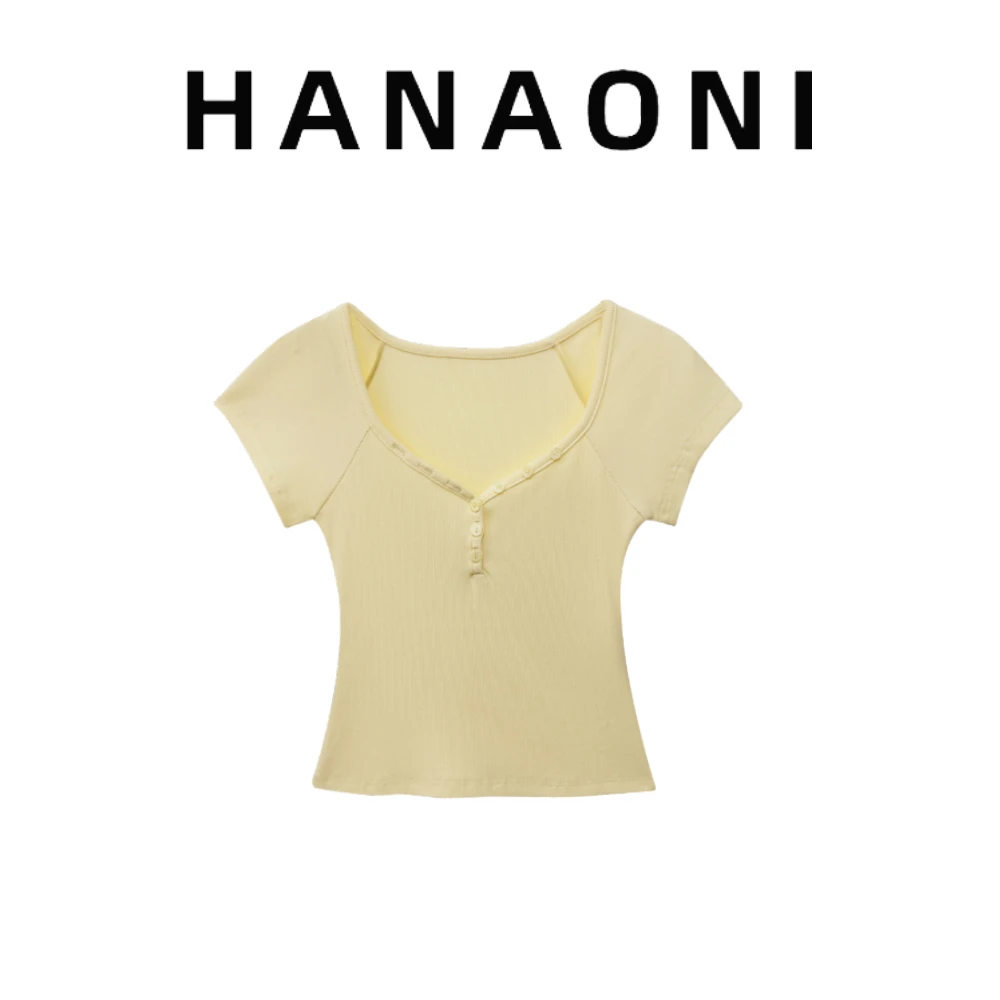 【HANAONI】夏季新款半开领纯欲V领短袖显瘦百搭上衣