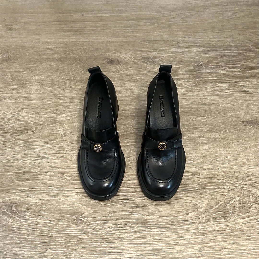 Dannyfrey【两种跟高】英伦风山茶花初秋季高跟百搭通勤女乐福鞋