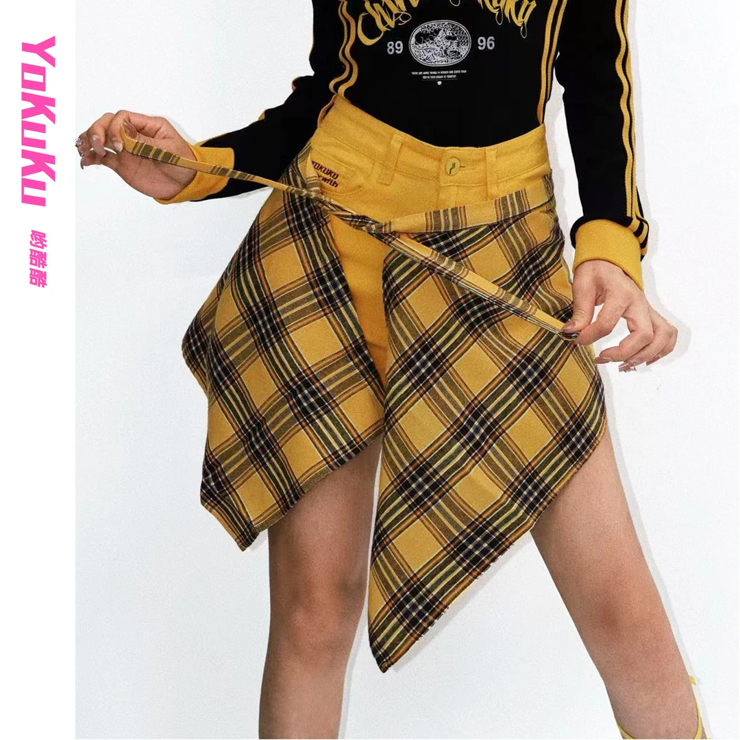 哟酷酷（快乐出发）美式复古格子不规则一片式百搭遮胯半围裙