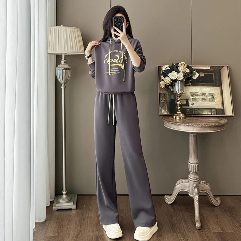 INS风森系印花休闲风时尚套装高腰显瘦直筒春秋套装运动小个子秋