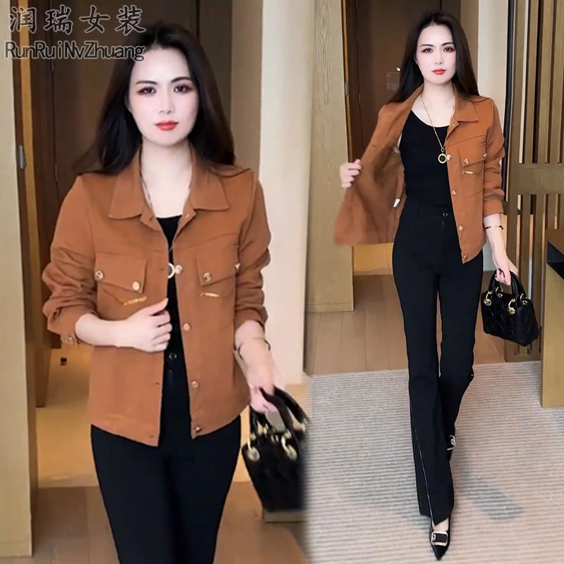 极简风春秋短外套女2025秋季新款翻领拼接短款百搭气质春秋夹克潮