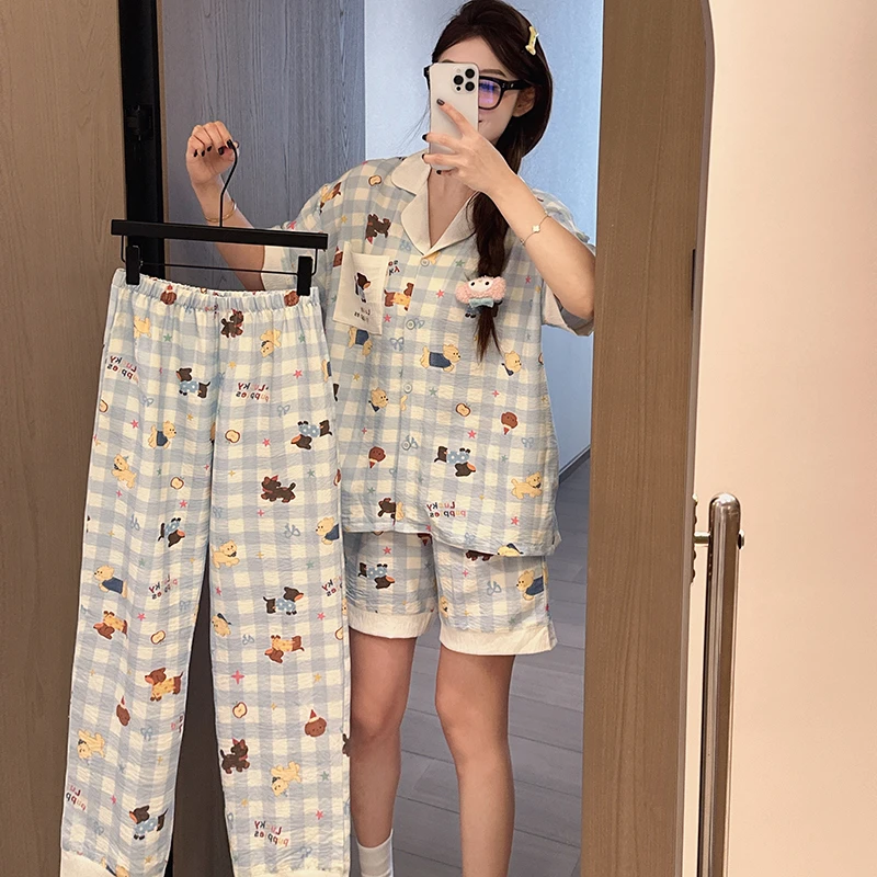 三件套睡衣夏季女士家居服宽松卡通云朵棉可外穿短袖长裤腊肠狗