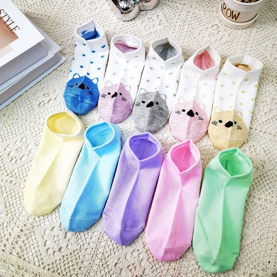福利-微瑕-女袜-10双装-五彩小猫-四季不臭脚透气新品棉袜