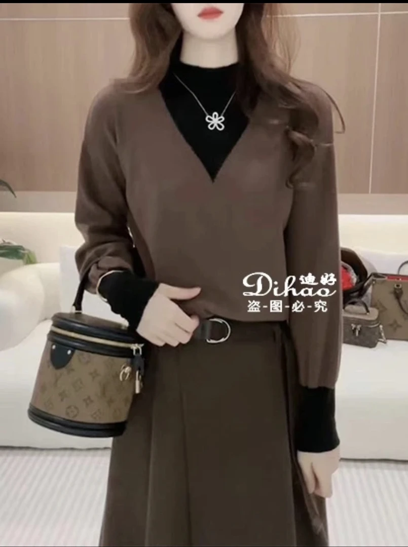 欧货假两件美拉德保暖毛衣针织衫长袖秋冬款打底上衣加厚洋气套头