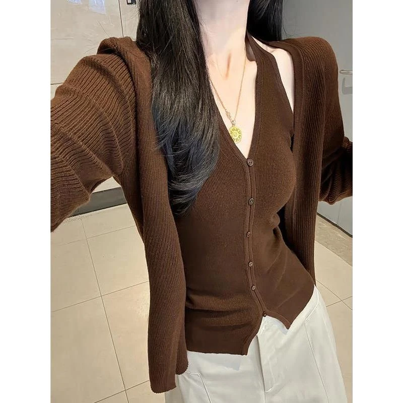 慵懒风长袖开衫针织衫上衣套装女秋季V领挂脖吊带背心外套两件套