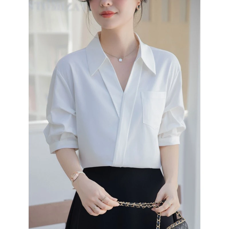 白色衬衫女夏季宽松通勤职业公务员教师面试上衣V领短袖气质衬衣