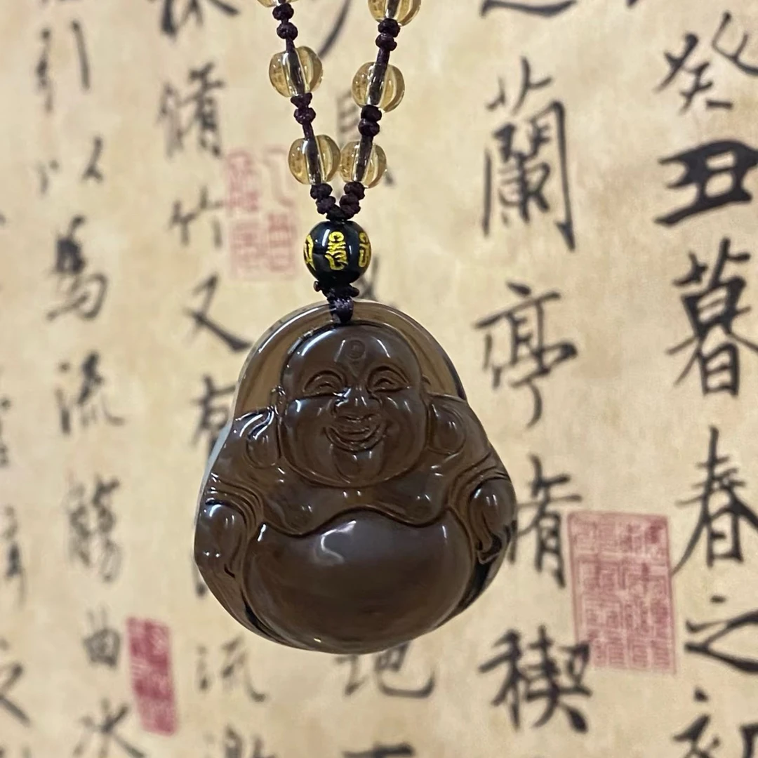 天然黑曜石吊坠冰种黑曜石弥勒佛笑佛项坠项链
