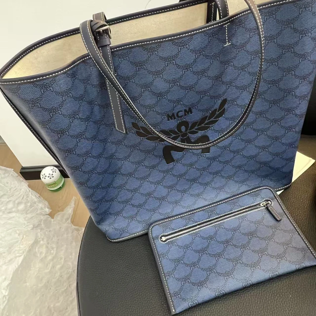 99新 MCM 大麦中古/mcm蓝色托特包/子母包