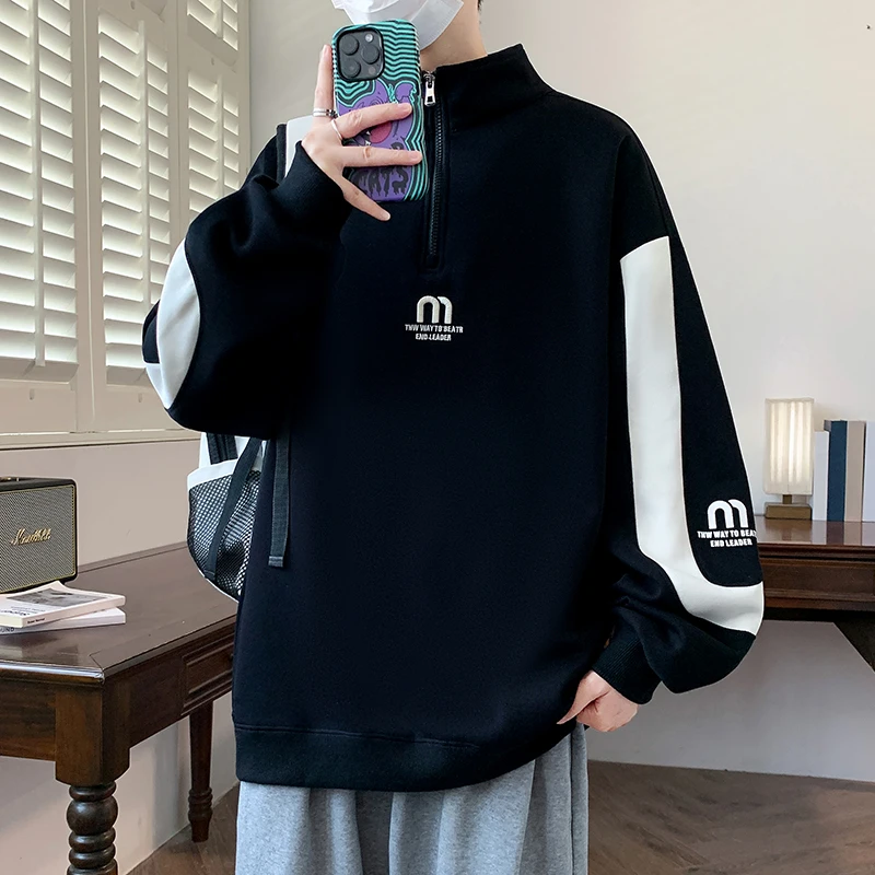 春秋季青少年立领休闲套头春秋ins青少年宽松条纹男卫衣