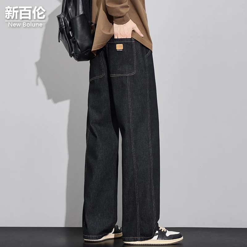 新百伦/NEW BOLUNE美式潮牌牛仔裤男秋冬新款加绒宽松拼接休闲裤